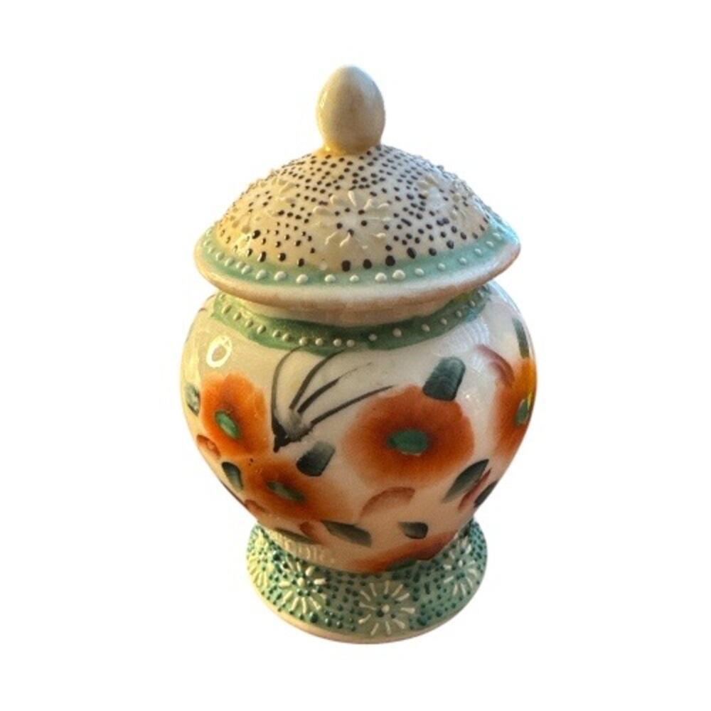 Rare Unique Small Vintage Orange Green Floral Raised Dots 5” Ginger Jar
